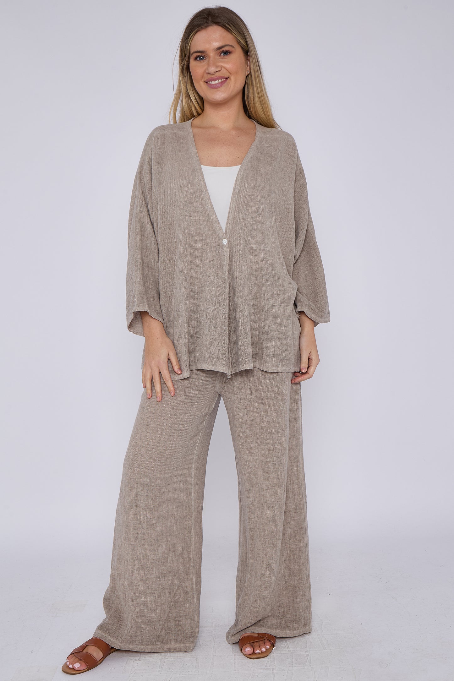 ONE BUTTON WASHED LINEN MIX V-NECK CARDIGAN