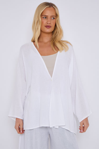 ONE BUTTON WASHED LINEN MIX V-NECK CARDIGAN