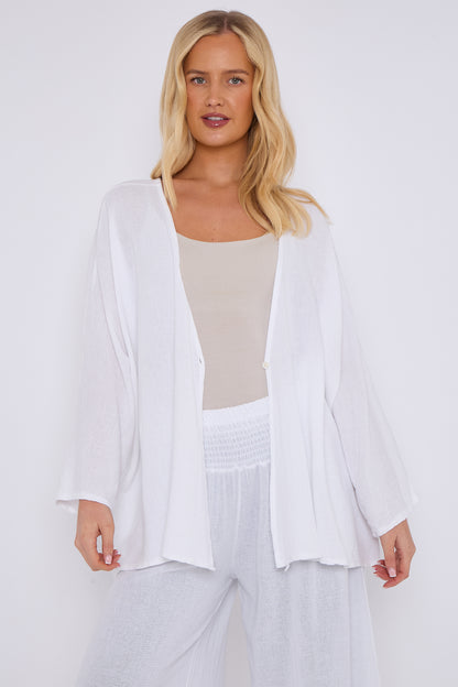 ONE BUTTON WASHED LINEN MIX V-NECK CARDIGAN