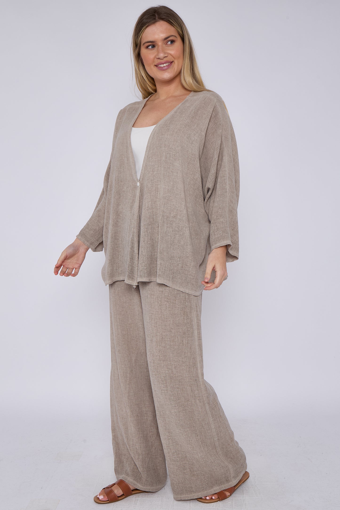 ONE BUTTON WASHED LINEN MIX V-NECK CARDIGAN