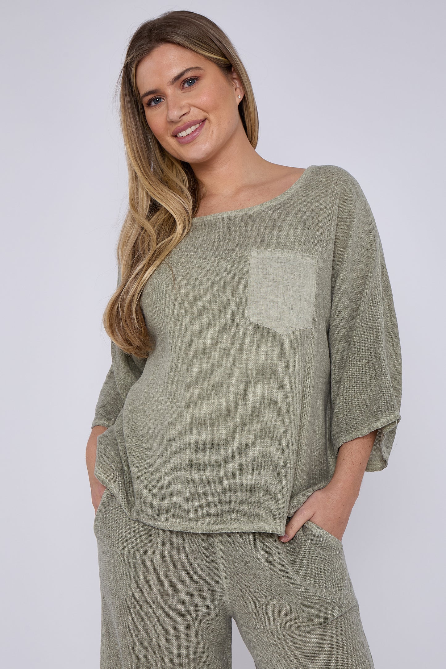 WASHED LINEN ONE POCKET TOP