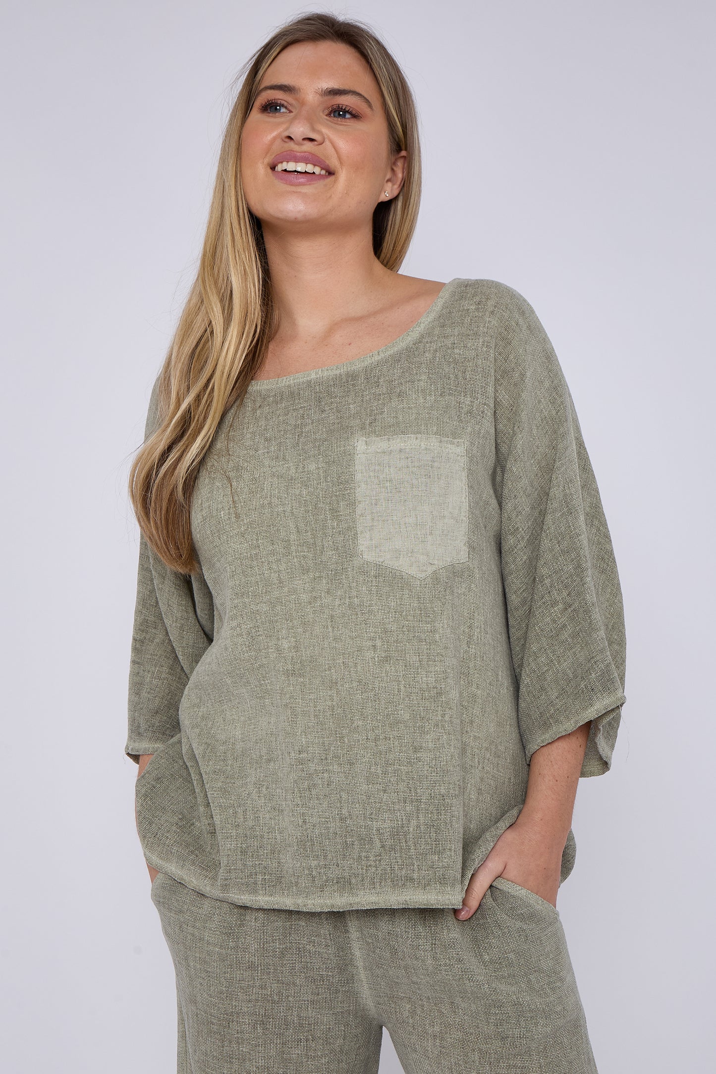 WASHED LINEN ONE POCKET TOP