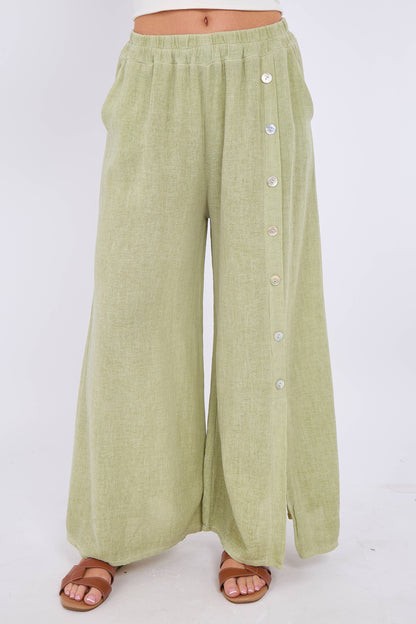 WASHED LINEN WIDE LEG SIDE BUTTON TROUSERS