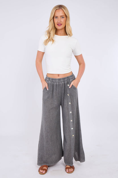 WASHED LINEN WIDE LEG SIDE BUTTON TROUSERS