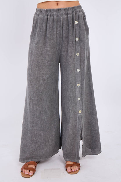 WASHED LINEN WIDE LEG SIDE BUTTON TROUSERS