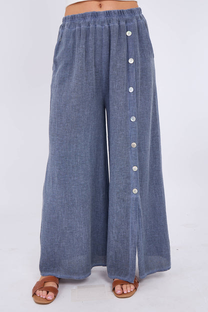 WASHED LINEN WIDE LEG SIDE BUTTON TROUSERS