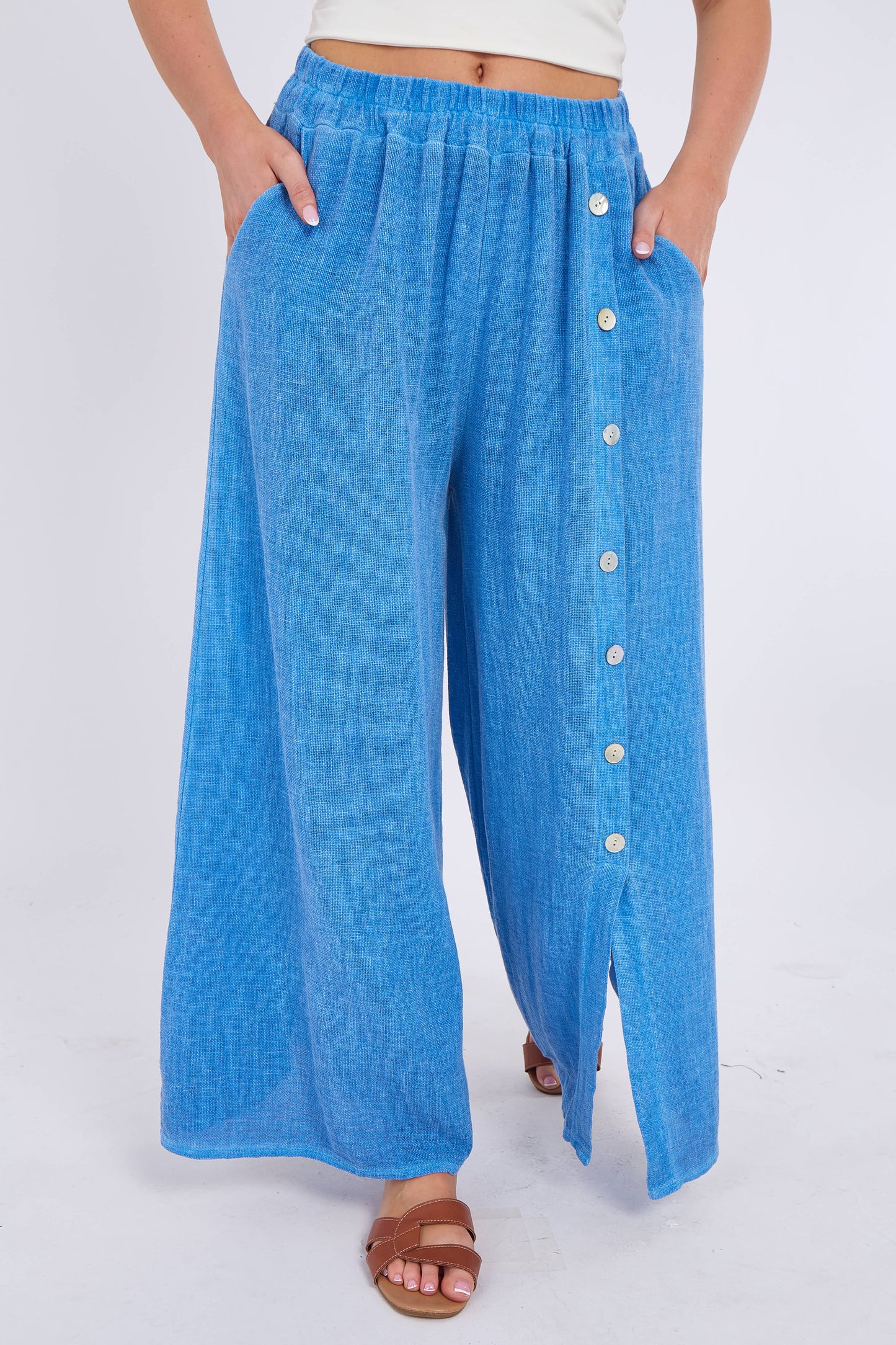 WASHED LINEN WIDE LEG SIDE BUTTON TROUSERS