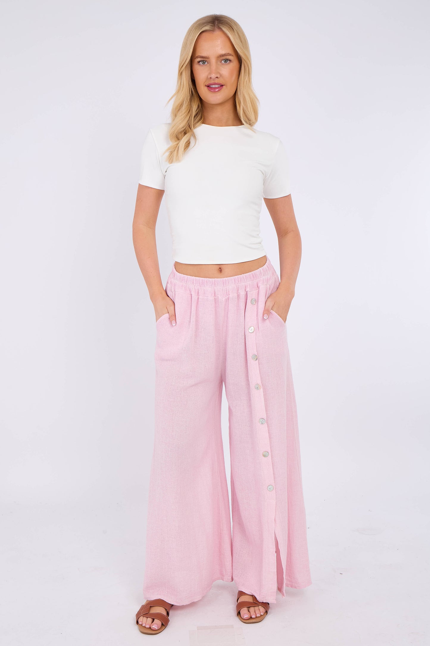 WASHED LINEN WIDE LEG SIDE BUTTON TROUSERS