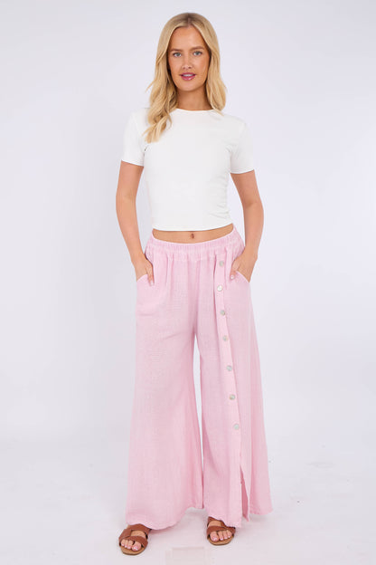 WASHED LINEN WIDE LEG SIDE BUTTON TROUSERS