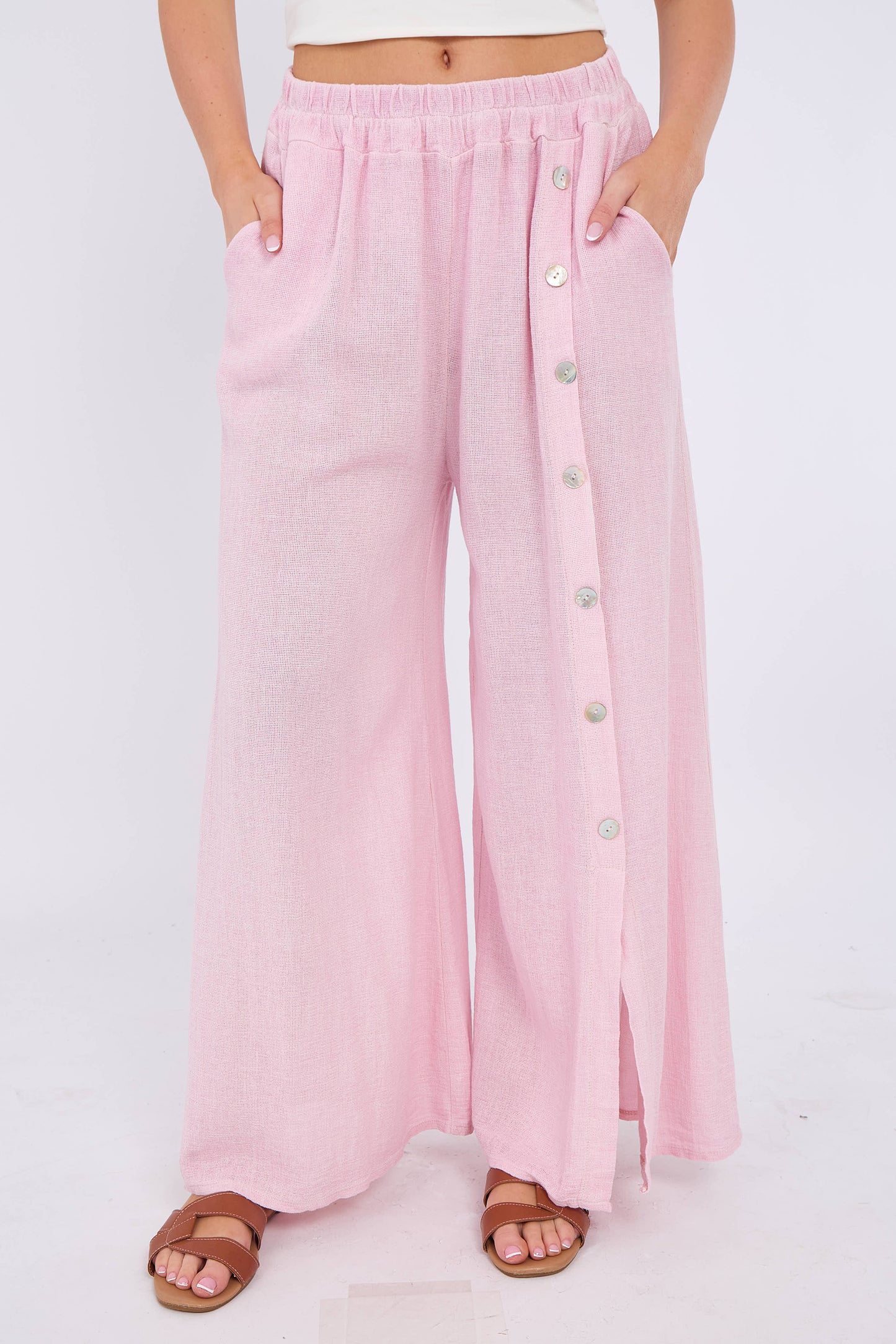 WASHED LINEN WIDE LEG SIDE BUTTON TROUSERS