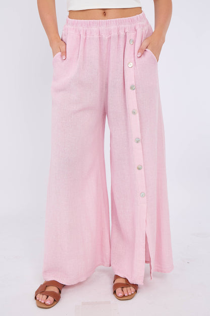WASHED LINEN WIDE LEG SIDE BUTTON TROUSERS