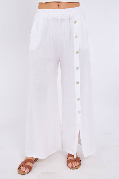 WASHED LINEN WIDE LEG SIDE BUTTON TROUSERS