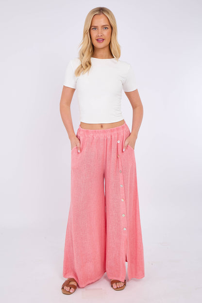 WASHED LINEN WIDE LEG SIDE BUTTON TROUSERS