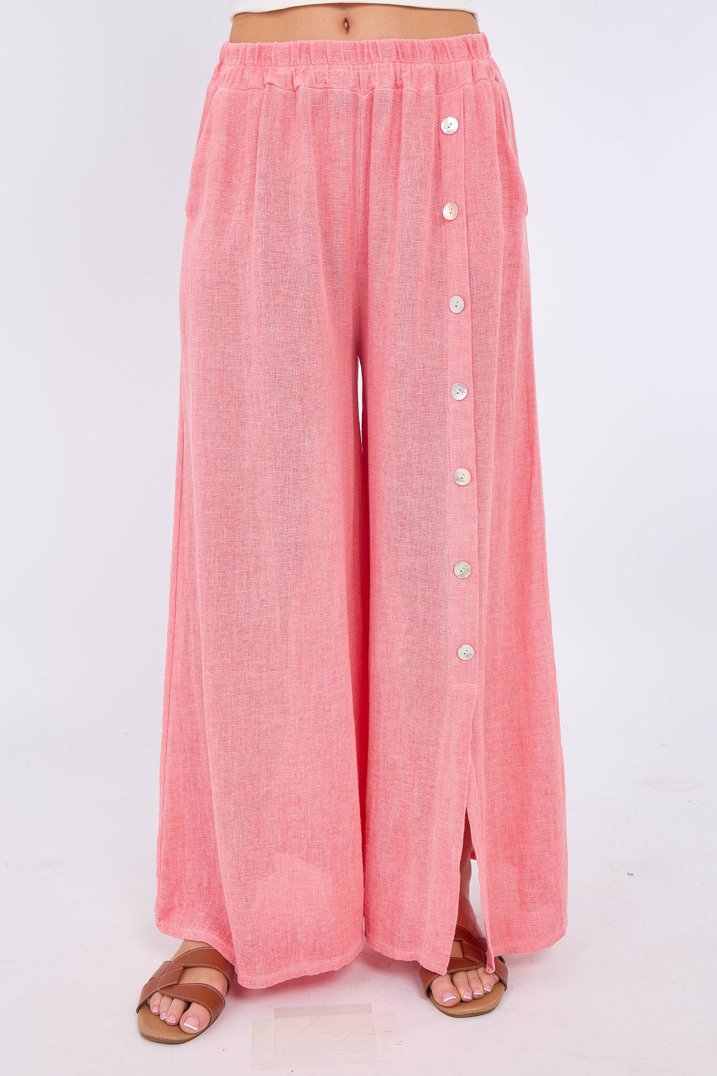 WASHED LINEN WIDE LEG SIDE BUTTON TROUSERS