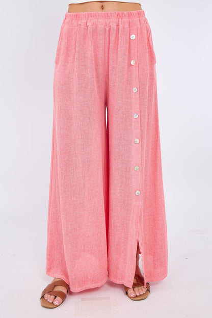 WASHED LINEN WIDE LEG SIDE BUTTON TROUSERS