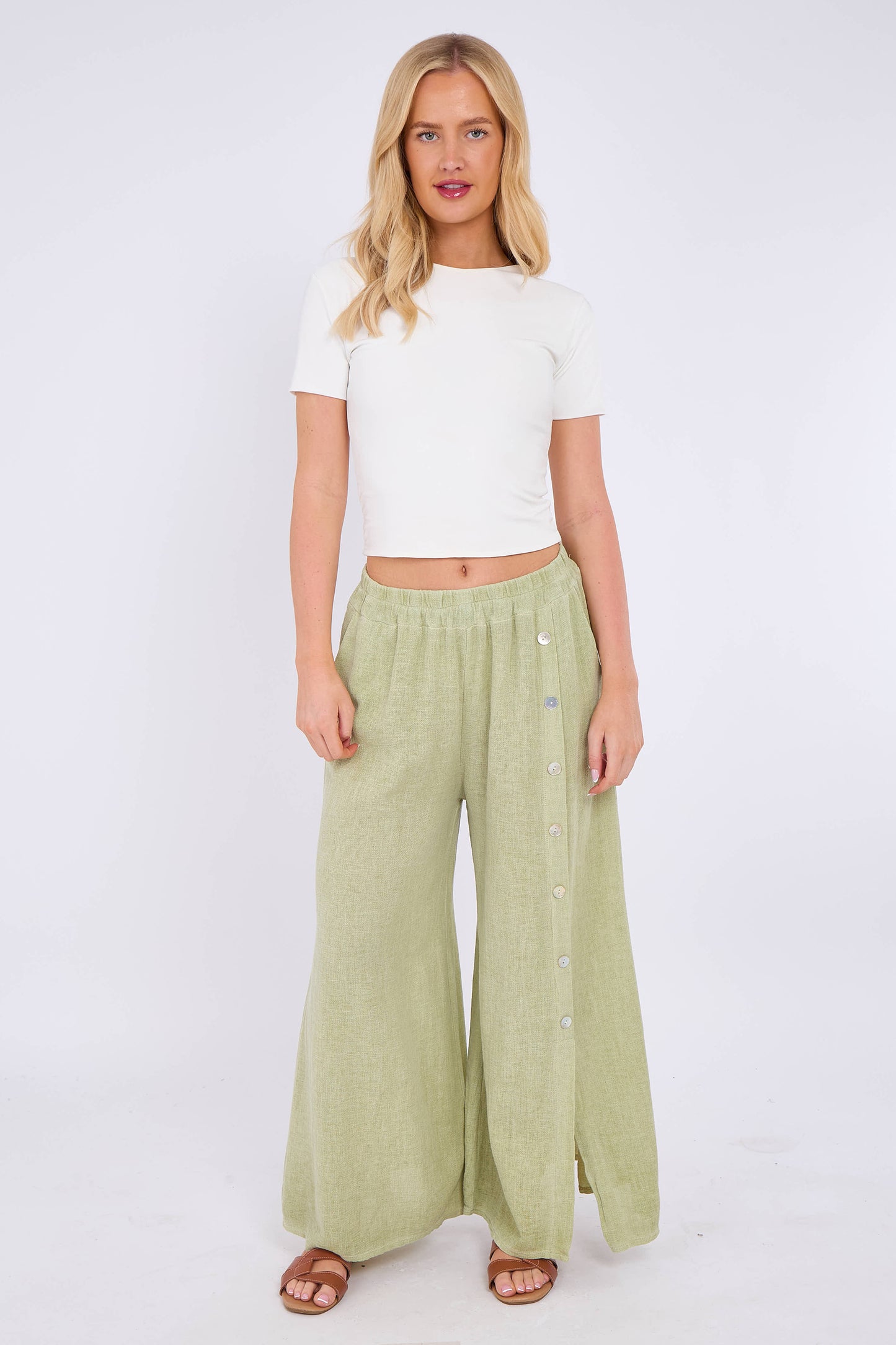 WASHED LINEN WIDE LEG SIDE BUTTON TROUSERS
