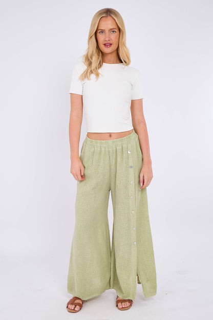 WASHED LINEN WIDE LEG SIDE BUTTON TROUSERS