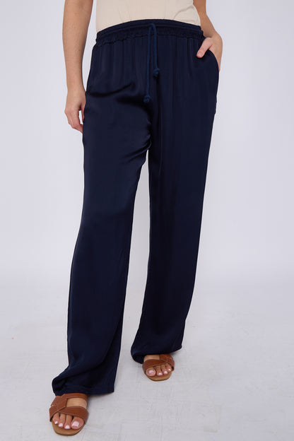 SATIN DRAWSTRING WIDE LEG TROUSERS