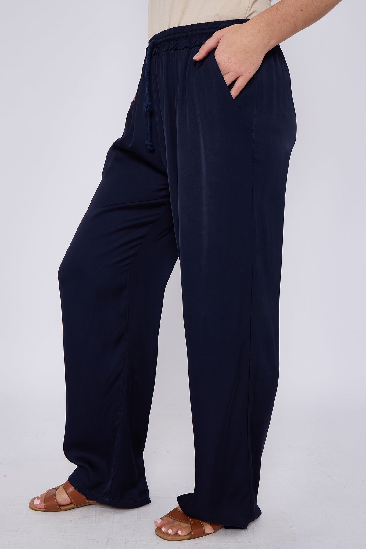 SATIN DRAWSTRING WIDE LEG TROUSERS