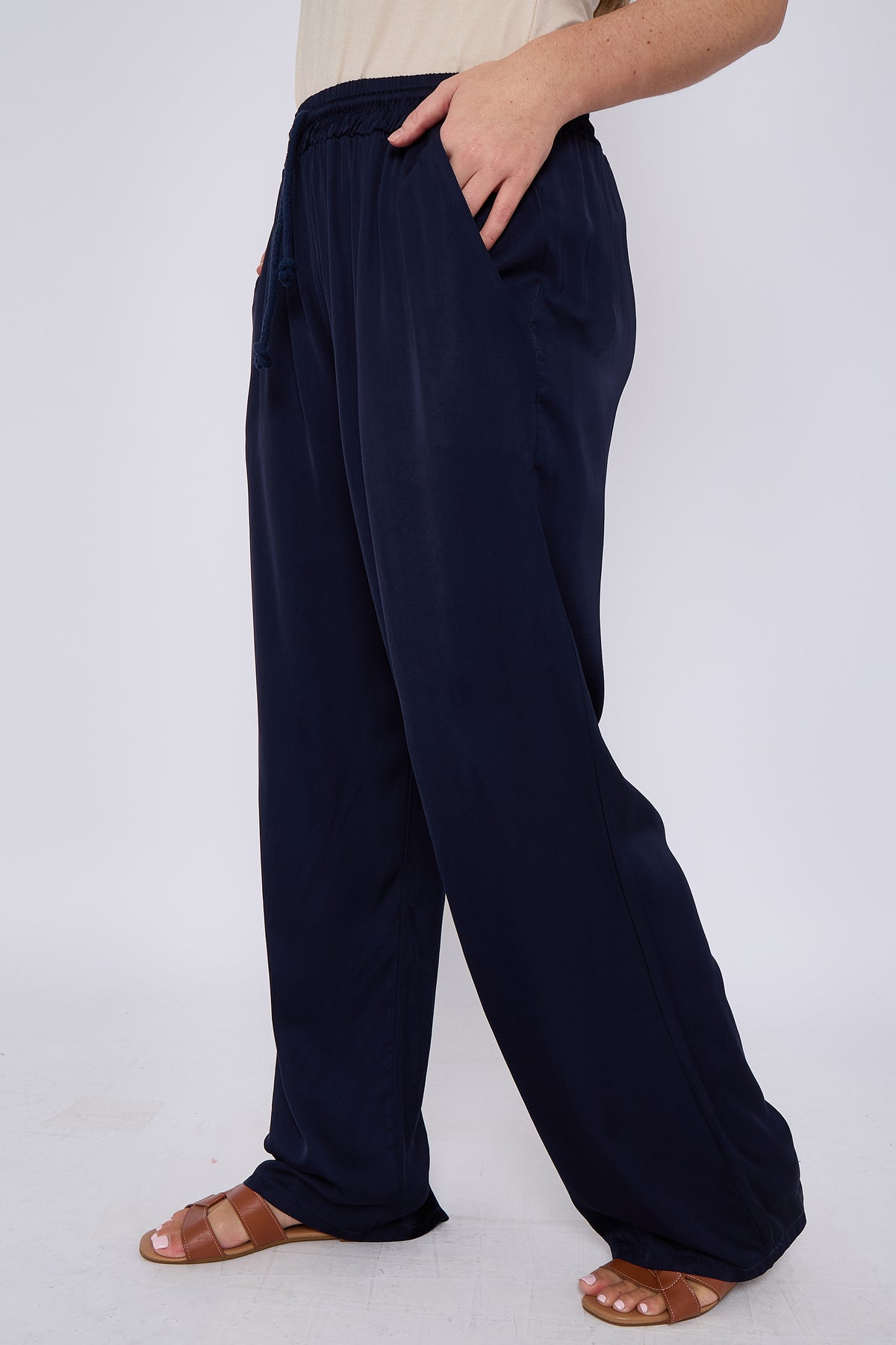 SATIN DRAWSTRING WIDE LEG TROUSERS