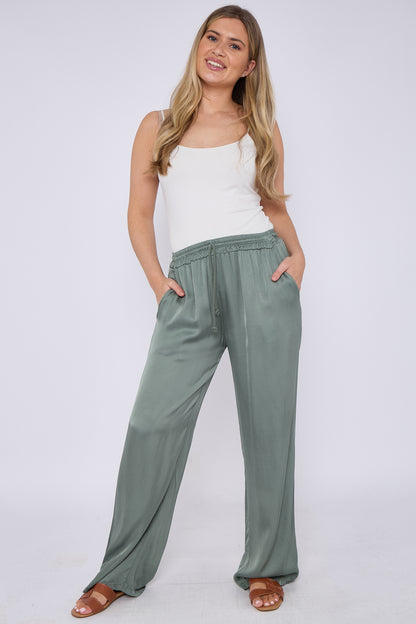 SATIN DRAWSTRING WIDE LEG TROUSERS
