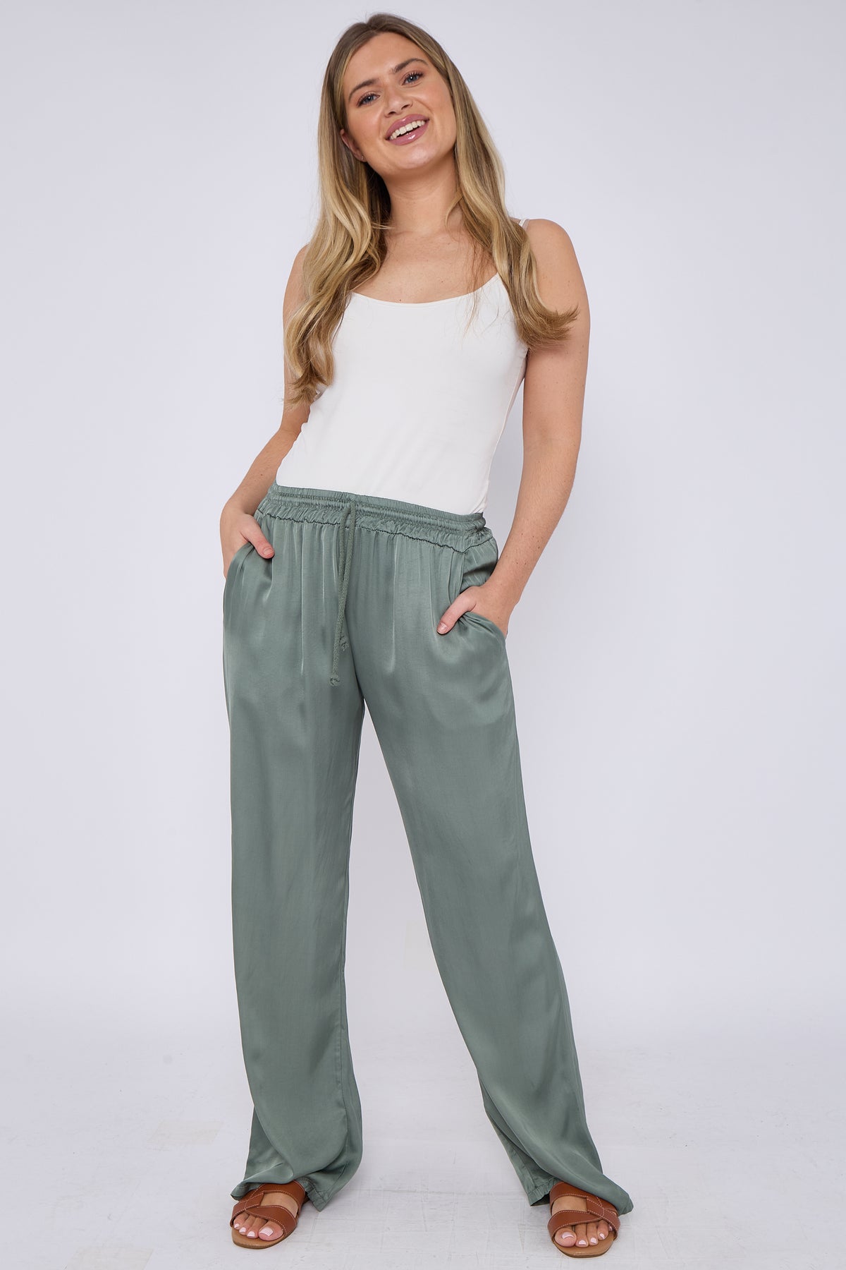 SATIN DRAWSTRING WIDE LEG TROUSERS