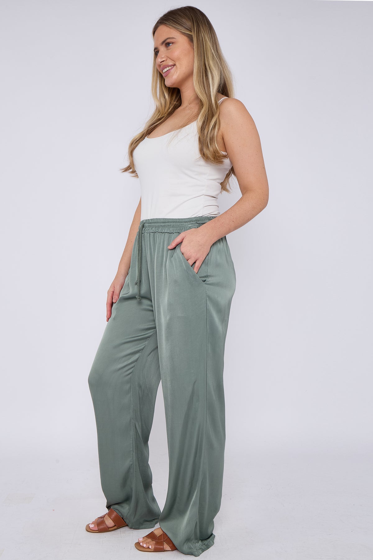 SATIN DRAWSTRING WIDE LEG TROUSERS