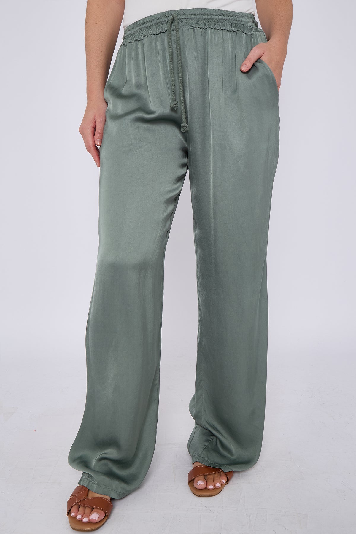 SATIN DRAWSTRING WIDE LEG TROUSERS