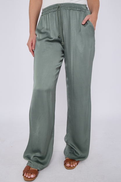 SATIN DRAWSTRING WIDE LEG TROUSERS