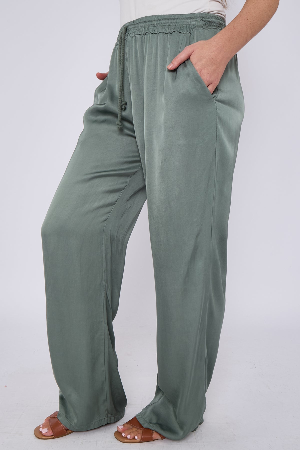 SATIN DRAWSTRING WIDE LEG TROUSERS