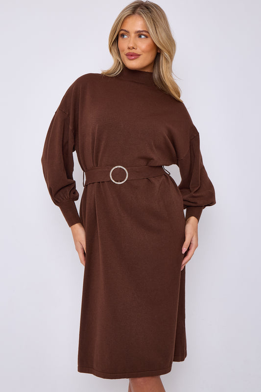 DIAMOND BUCKLED PUFF SLEEVES KNITTED DRESS