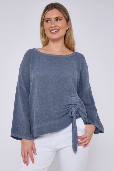 WASHED LINEN RUCHED TIE TOP