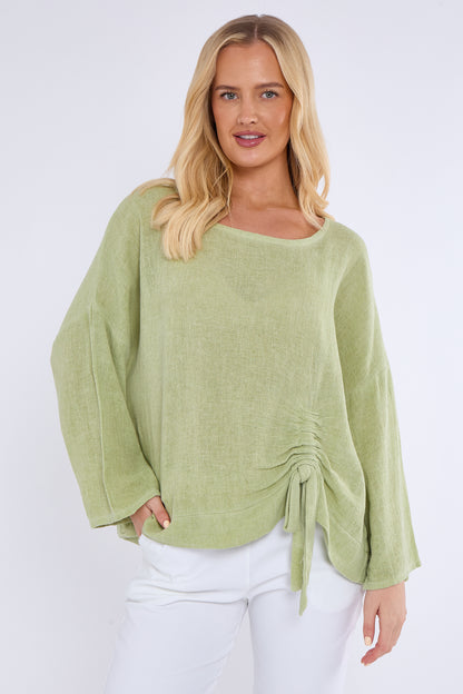 WASHED LINEN RUCHED TIE TOP