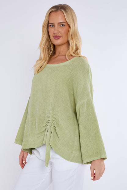 WASHED LINEN RUCHED TIE TOP