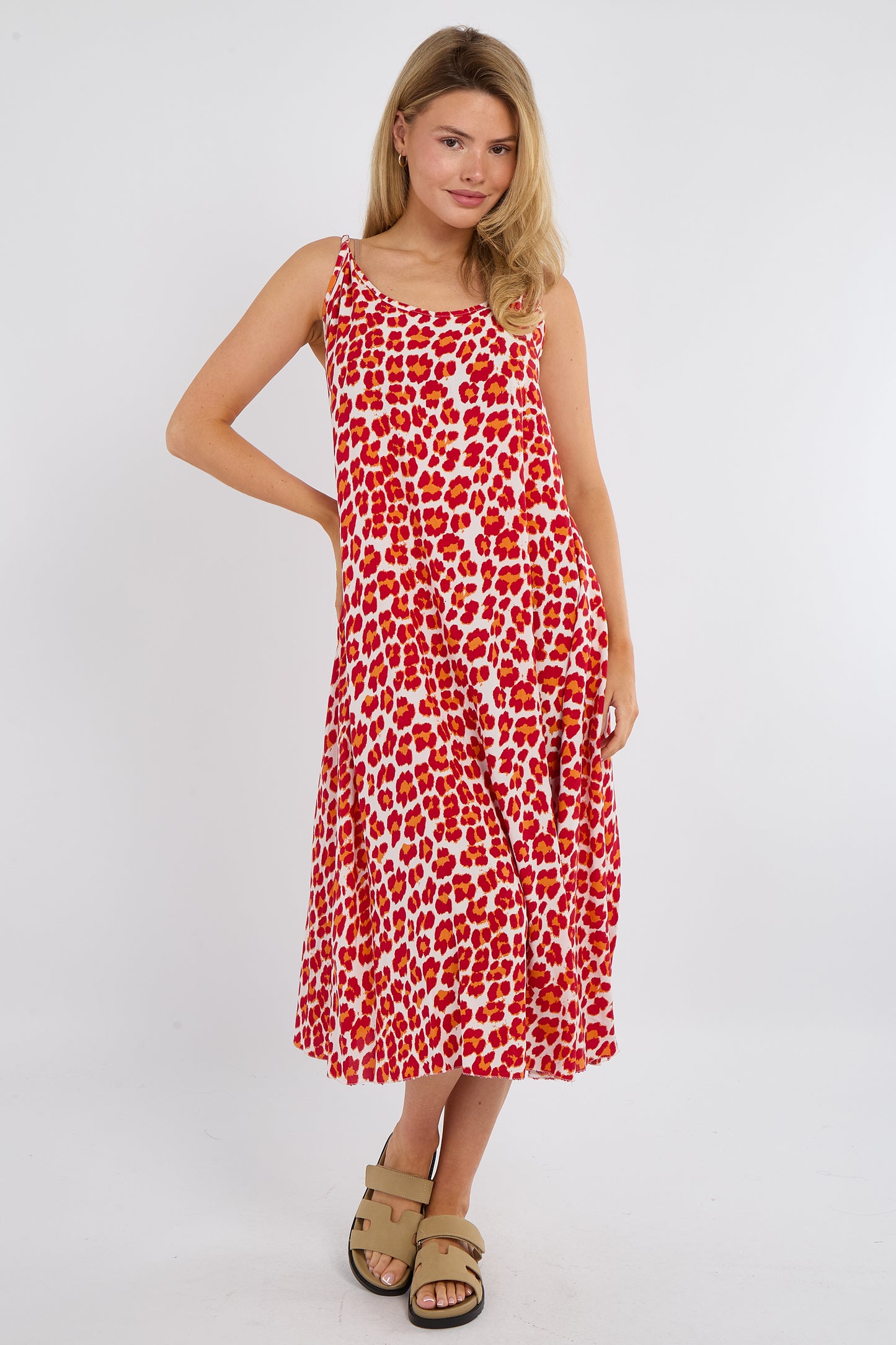 LEOPARD PRINT SLEEVELESS MIDI A-LINE DRESS