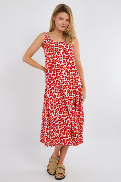 LEOPARD PRINT SLEEVELESS MIDI A-LINE DRESS