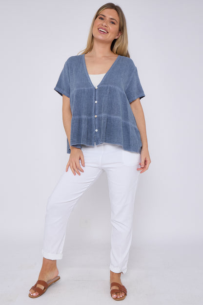 WASHED LINEN BUTTON TIERED TOP