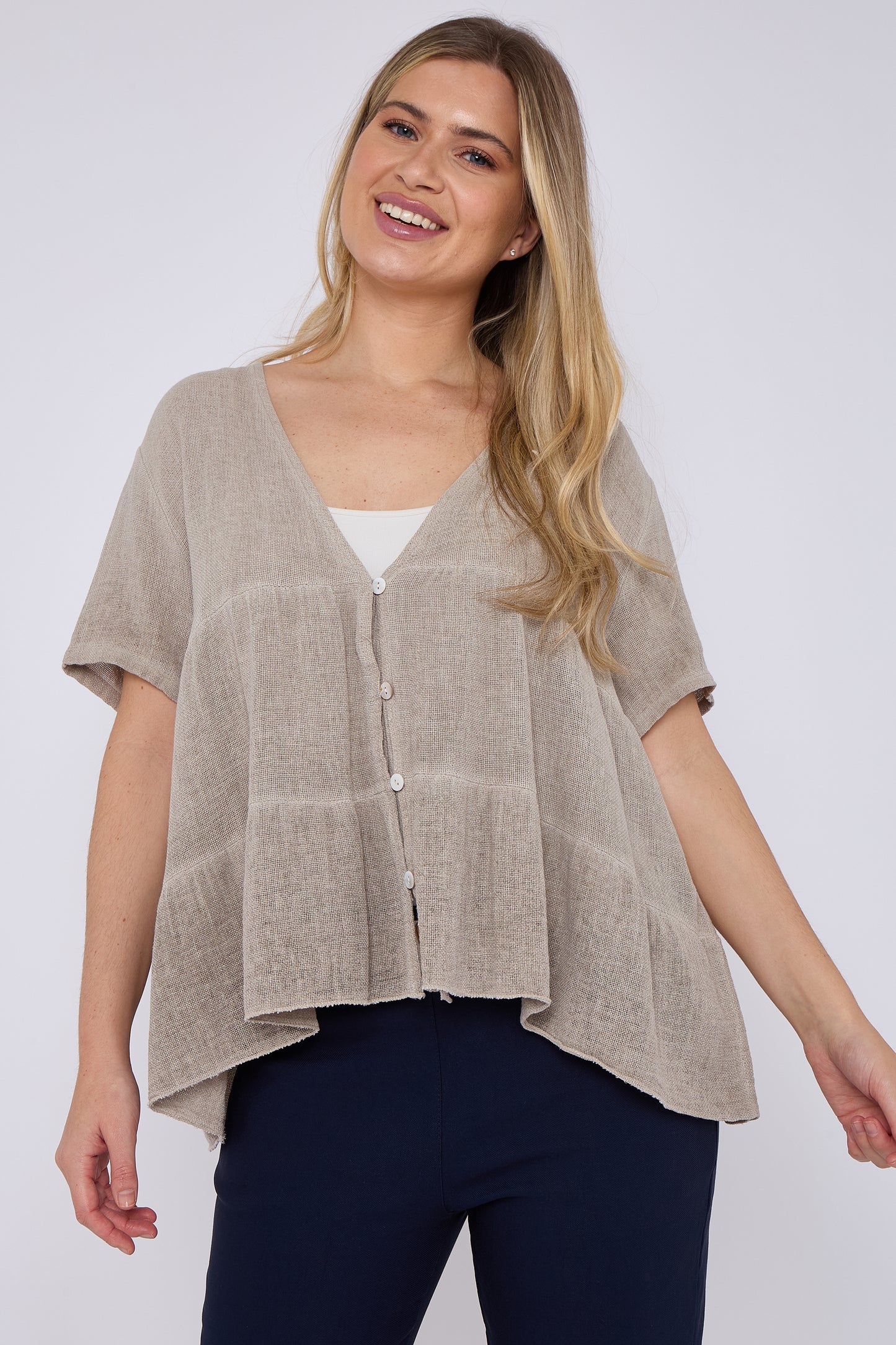 WASHED LINEN BUTTON TIERED TOP