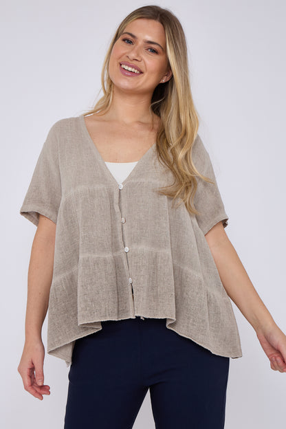 WASHED LINEN BUTTON TIERED TOP