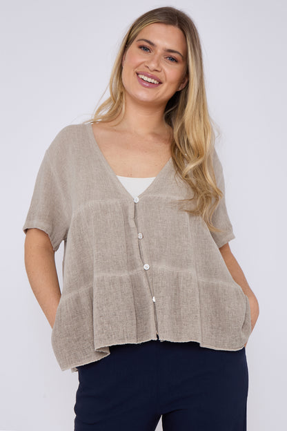 WASHED LINEN BUTTON TIERED TOP