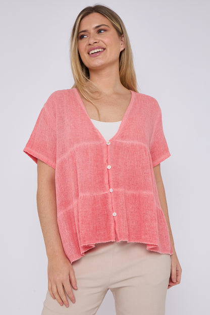 WASHED LINEN BUTTON TIERED TOP