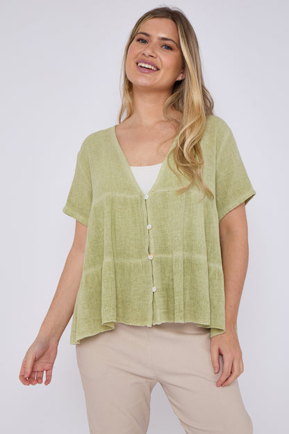 WASHED LINEN BUTTON TIERED TOP
