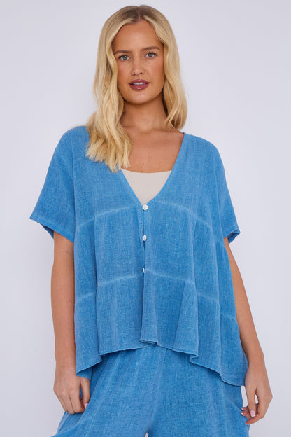 WASHED LINEN BUTTON TIERED TOP