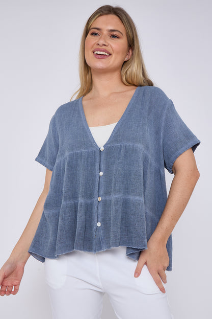 WASHED LINEN BUTTON TIERED TOP