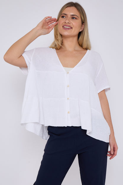 WASHED LINEN BUTTON TIERED TOP
