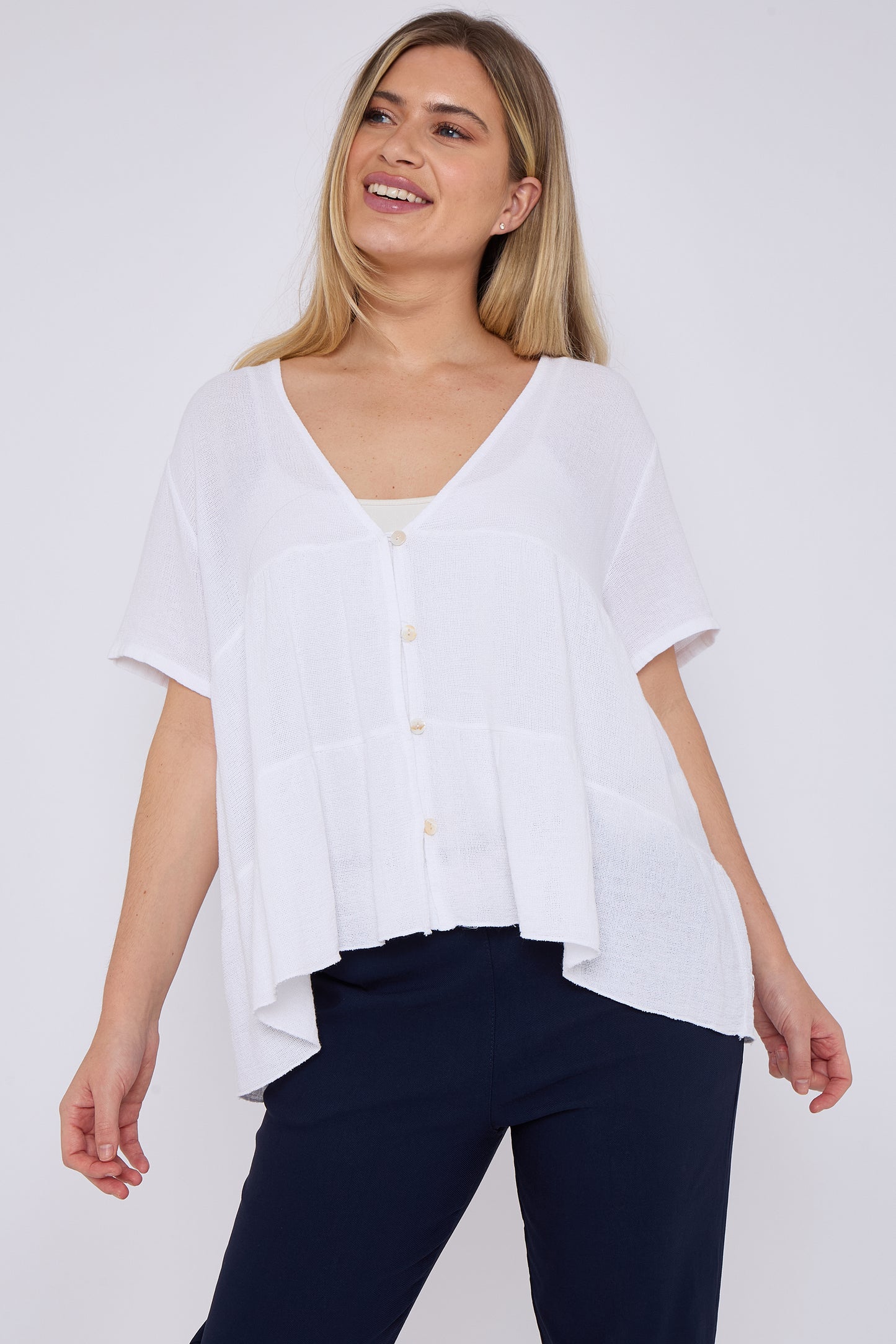 WASHED LINEN BUTTON TIERED TOP