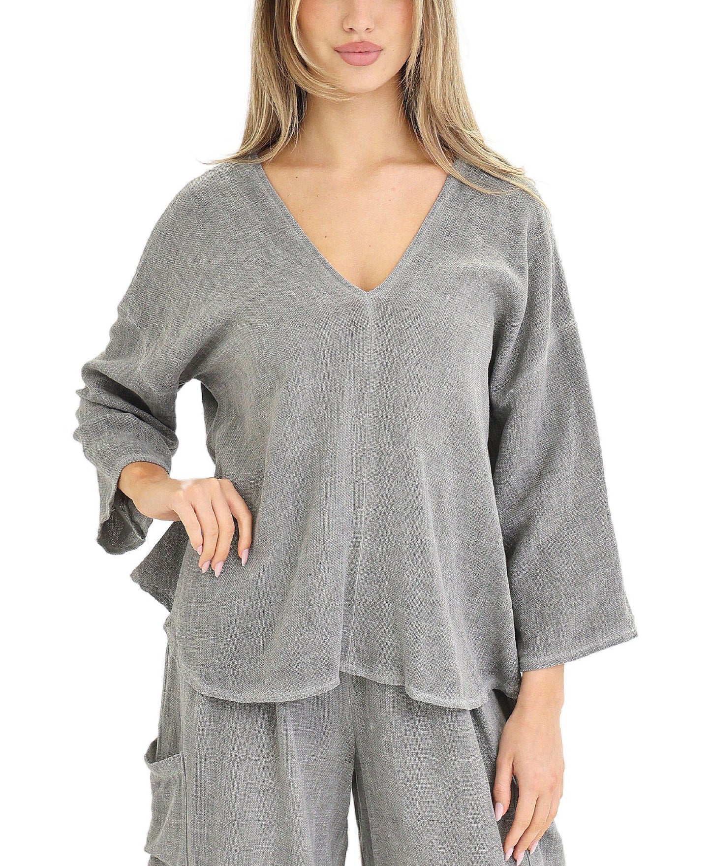 WASHED LINEN V-NECK TOP