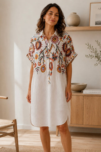 LINEN BLEND FLORAL SHIRT DRESS