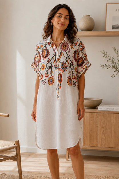 LINEN BLEND FLORAL SHIRT DRESS
