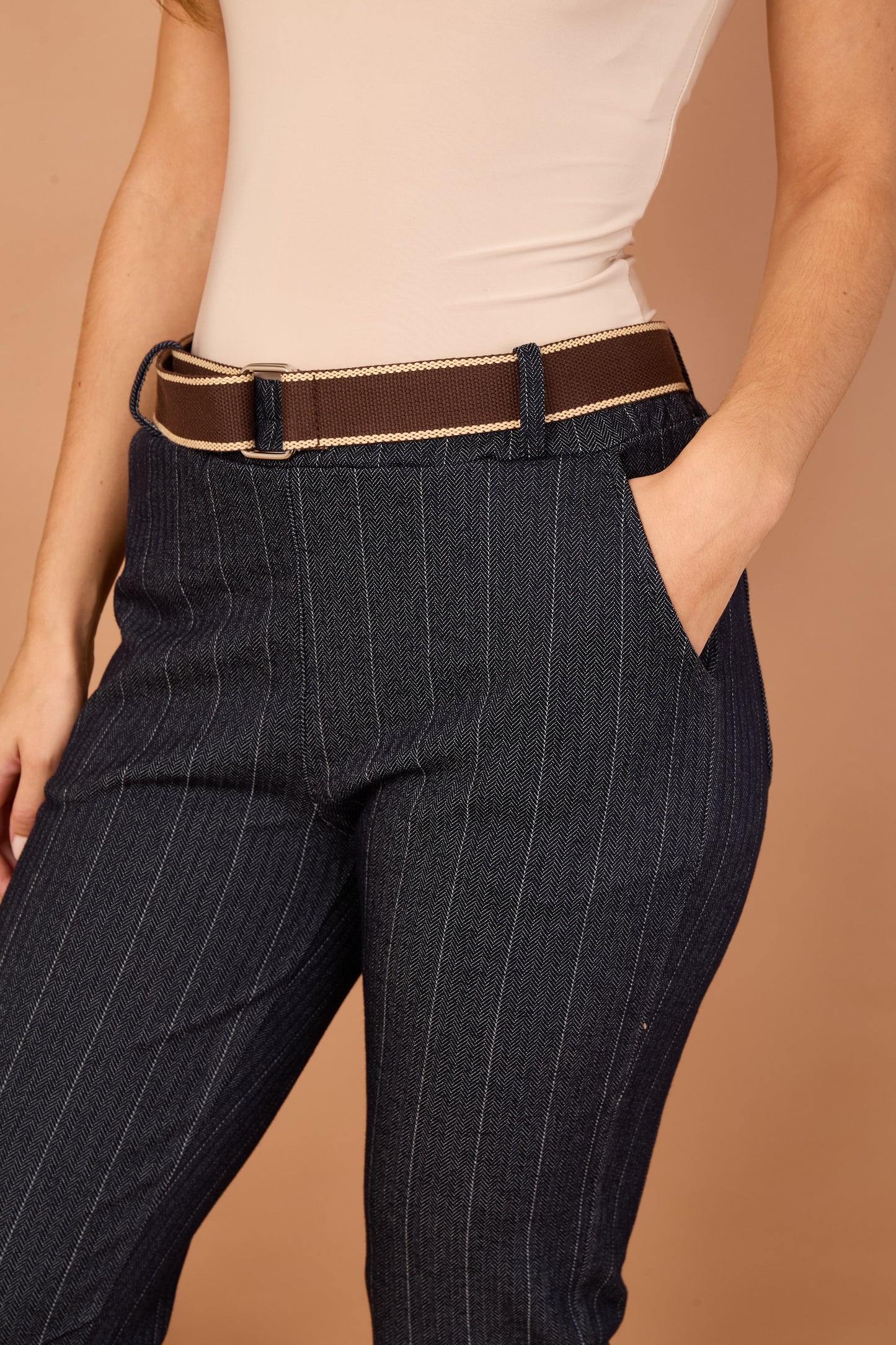STRIPE BELTED ELASTICATED WAIST MAGIC TROUSERS
